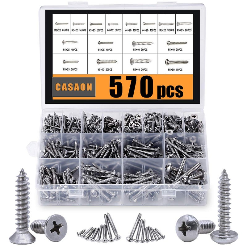 CASAON 570Pcs Self Tapping Screws Assortment Set  M3/M4/M5/M6 304 Stainless Steel Sheet Metal Screws Kit  Phillips Drive Wood Screw Assortment 570pcs (285pcs Round Head and 285pcs Flat Head) - Image 1